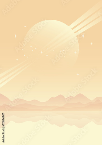 Glossy Saturn with bright ring around - rising in the mountains. Aesthetic cosmic planet with stars skyscape.