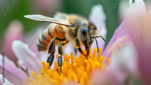 a close-up of a bee hovering over a flower Ai generative © Serega