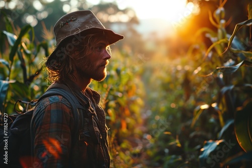 A farmer working in the fields during the sunset