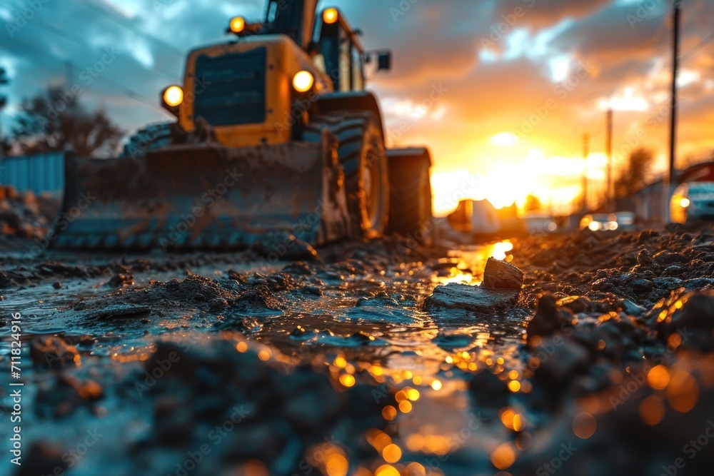 At a sunny construction site, an industrial excavator drives to fulfill tasks for a new real estate project At a sunny construction site, an industrial excavator drives to fulfill tasks for a new real estate project