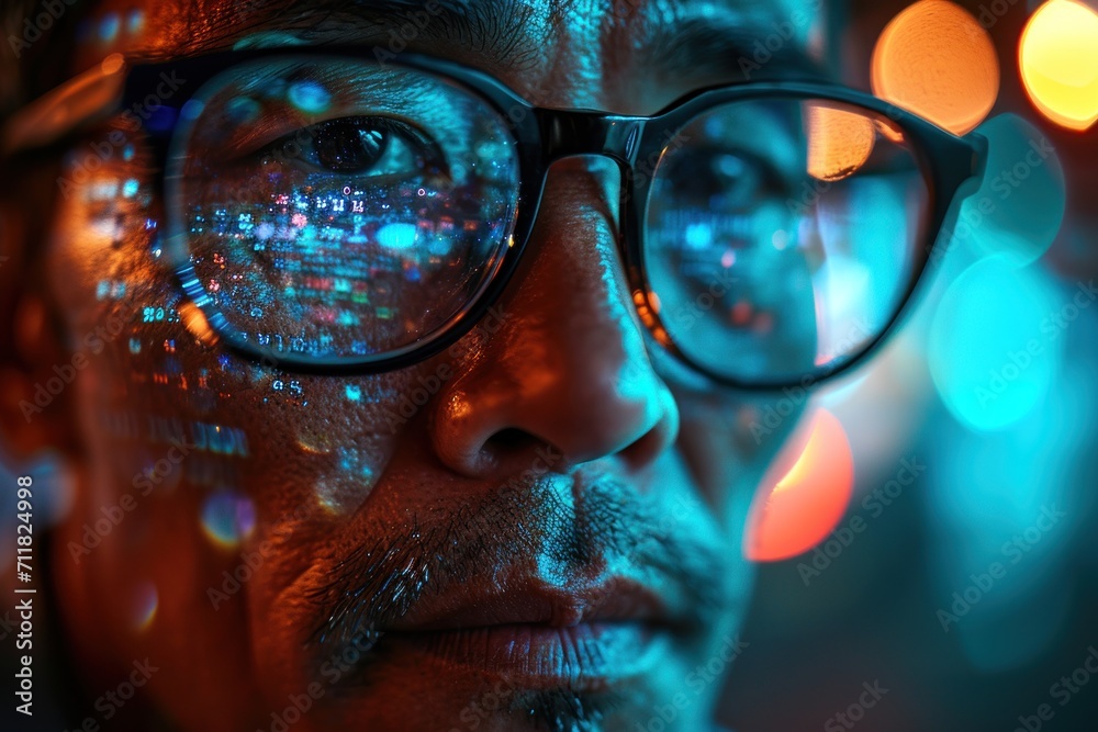 Close-up cinematic portrait of a man with a reflection of computer code in his glasses