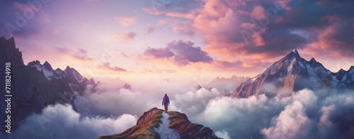 an individual hiking in the mountains is going through the clouds, in the style of poster, light violet and orange, frozen movement, cabincore, photo taken with provia, hard-edge, high-angle


 photo