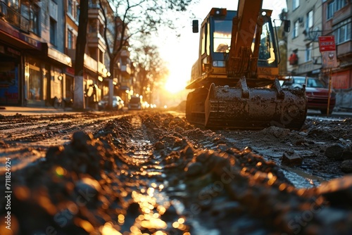At a sunny construction site, an industrial excavator drives to fulfill tasks for a new real estate project photo