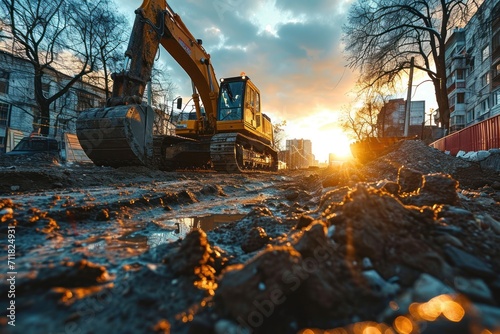 At a sunny construction site, an industrial excavator drives to fulfill tasks for a new real estate project photo