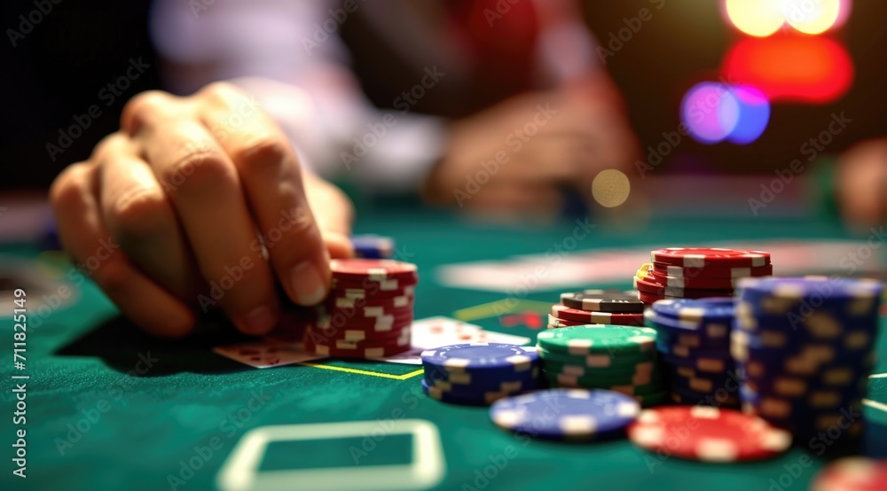 Hand placing a bet in a poker game. Hand placing a bet in a poker game.