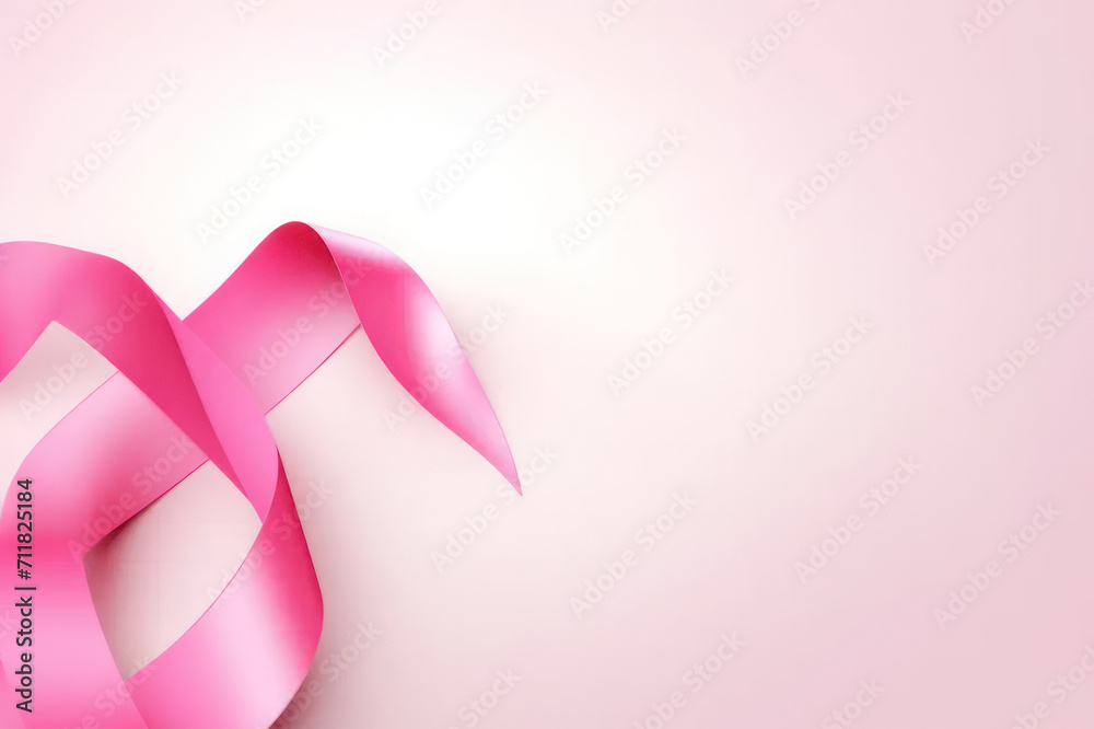 Pink ribbon on a pink background, copy space background. Breast Cancer Awareness Month. AI generative. Pink ribbon on a pink background, copy space background. Breast Cancer Awareness Month. AI generative.