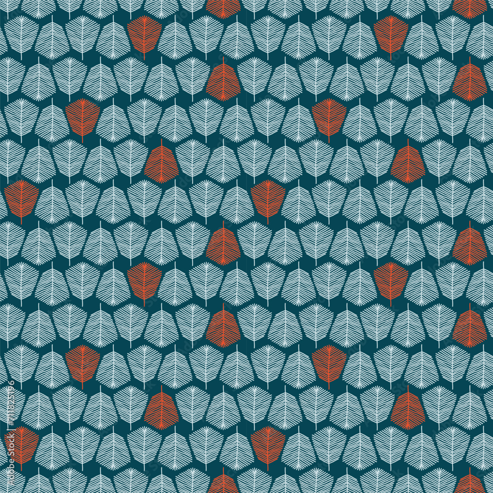 Red blue leaf seamless doodle pattern. Random placed, vector botany plants on dark blue background Red blue leaf seamless doodle pattern. Random placed, vector botany plants on dark blue background