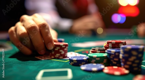 Hand placing a bet in a poker game.