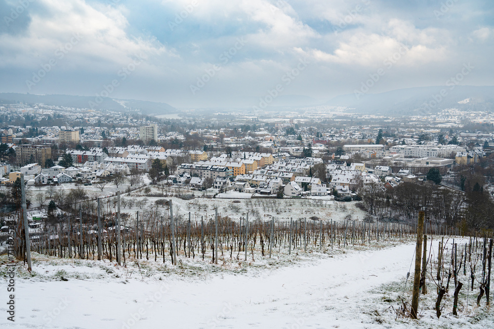 Vineyard with view of the ancient roman city of Trier covered in snow, Moselle Valley in Germany, winter landscape in rhineland palatine 