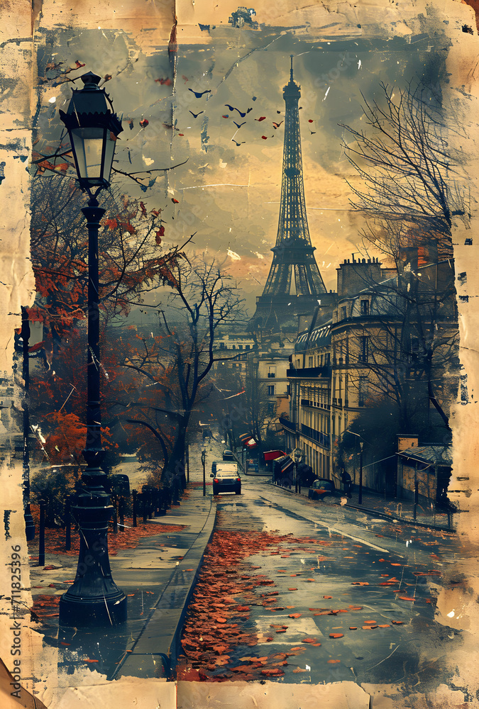 Old vintage poster of Paris, ideal for nostalgic and aesthetic projects.