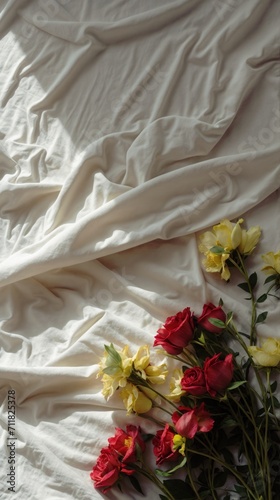 Soft white bedcover with red and yellow flowers.