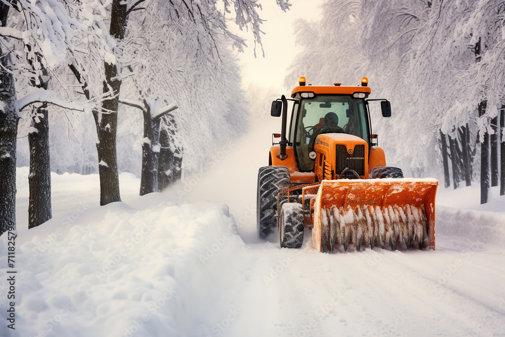 A snowplough working to remove snow from a snowy road A snowplough working to remove snow from a snowy road