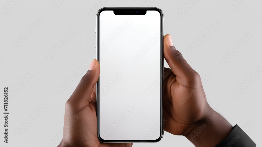 Modern Smartphone with White Display Held by Human Hands on White Background. High-Tech Communication Device for Digital Connectivity and Multitasking Modern Smartphone with White Display Held by Human Hands on White Background. High-Tech Communication Device for Digital Connectivity and Multitasking