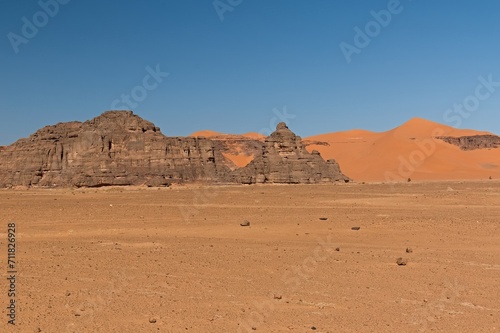 View of Dunes of Ouan Zaoutan  sand dunes in Tadrart Rouge  Tassili n Ajjer National Park. Sahara  Algeria  Africa.