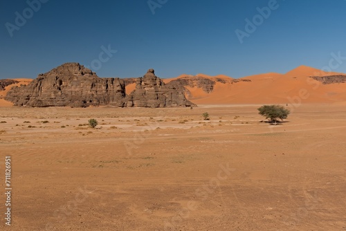 View of Dunes of Ouan Zaoutan  sand dunes in Tadrart Rouge  Tassili n Ajjer National Park. Sahara  Algeria  Africa.