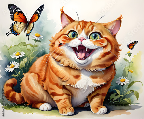 illustration of a funny cat with butterflies