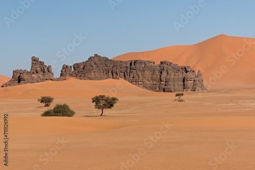 View of Dunes of Ouan Zaoutan, sand dunes in Tadrart Rouge, Tassili n Ajjer National Park. Sahara, Algeria, Africa. photo