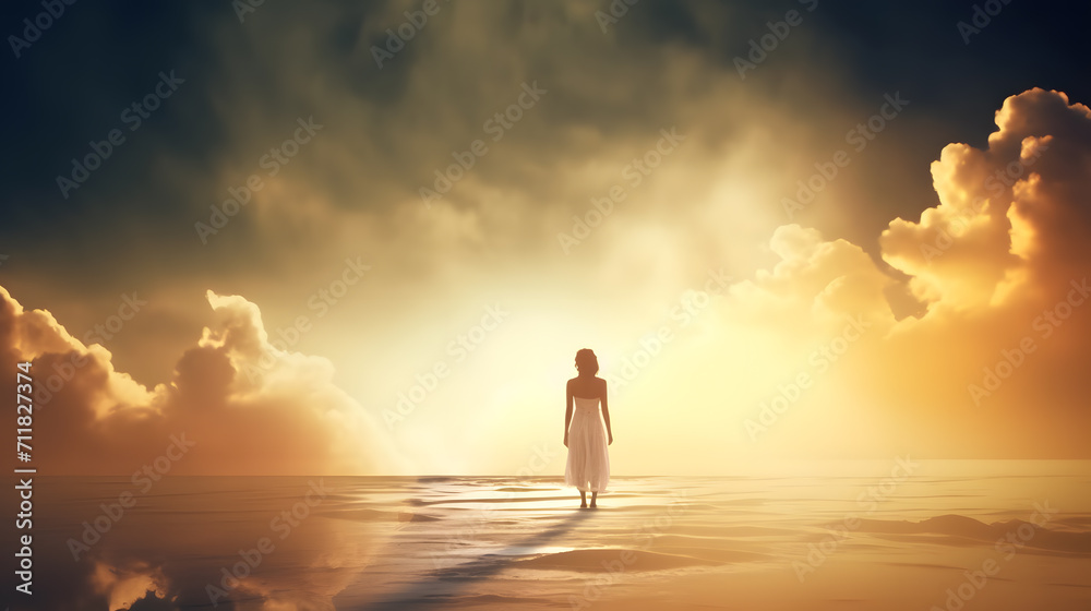female silhouette walking in sunset clouds, generative ai