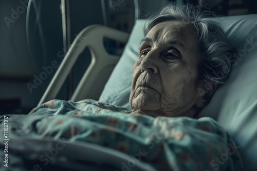 Portrait Of A Sad Senior Woman Lay In The Hospital, Dark Hospice Patient in Moody Atmosphere photo