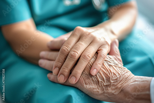 Doctor Holds Hand Of Eldery Woman Patient In Palliative Care Medicine Clinic Or Hospice photo
