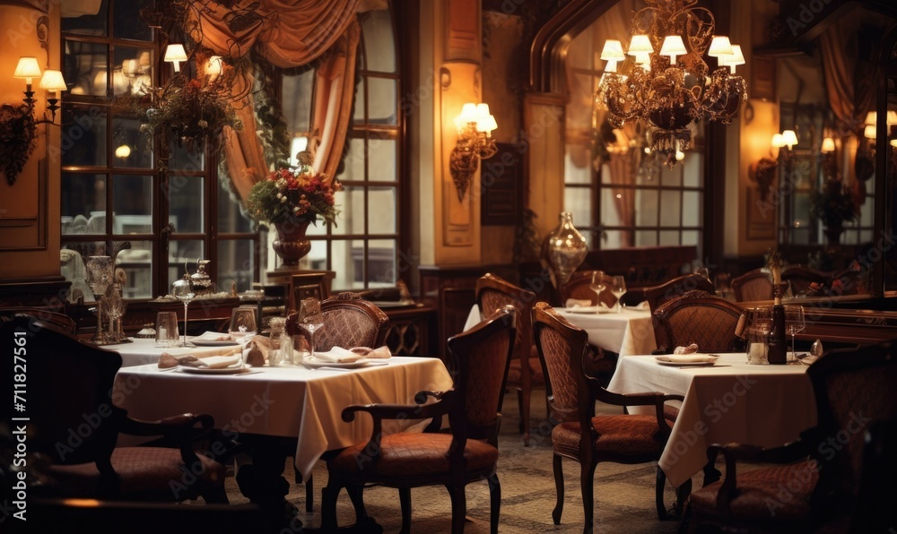 An elegant restaurant interior with luxurious furnishings, soft lighting, and a grand chandelier. Generative AI.