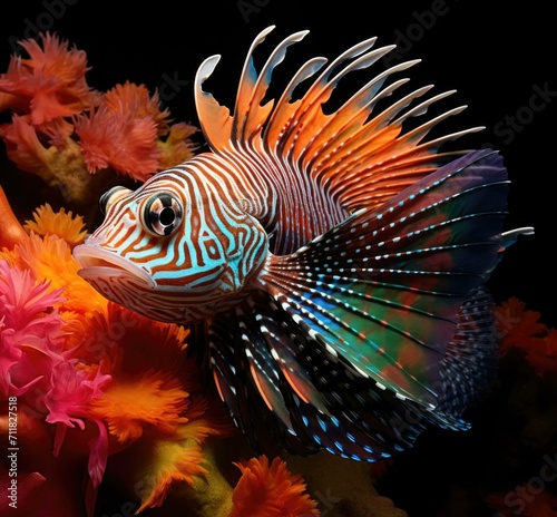 A colorful fish with a black background. Generative AI.
