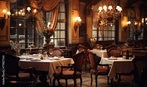 An elegant restaurant interior with luxurious furnishings, soft lighting, and a grand chandelier. Generative AI.
