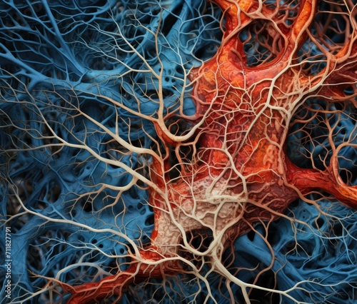A mesmerizing microscopic view of brain neurons resembling a vibrant forest, showcasing intricate intertwining branches and a spectrum of colors. Generative AI.