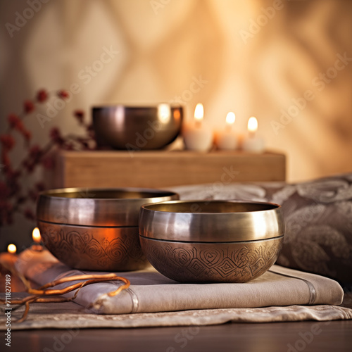 Tibetan singing bowls for healing, meditation, relaxation, copper-colored massage in a cozy candlelit environment