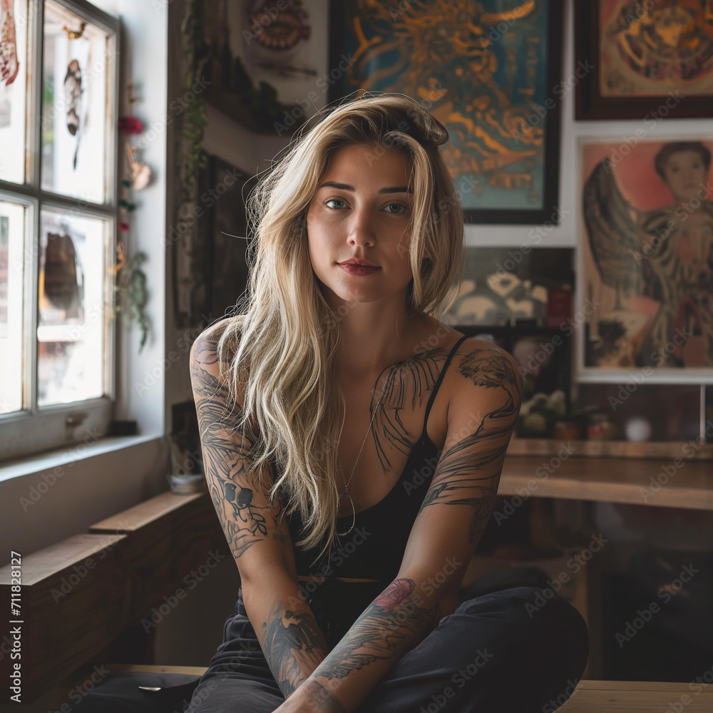 Tattoo on arm. Tattooed woman sitting in art studio with framed artwork Tattoo on arm. Tattooed woman sitting in art studio with framed artwork