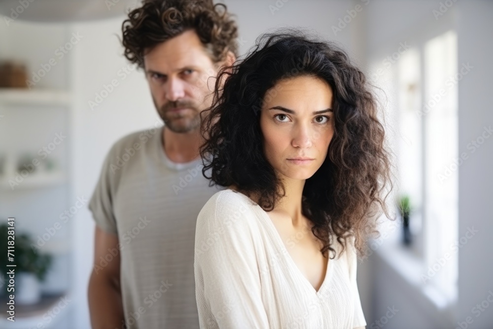 Upset young curly woman and man argument, сlose up wife looks at camera in front and husband standing behind quarrel at home. Family conflict, crisis, psychological abuse, relationships concept