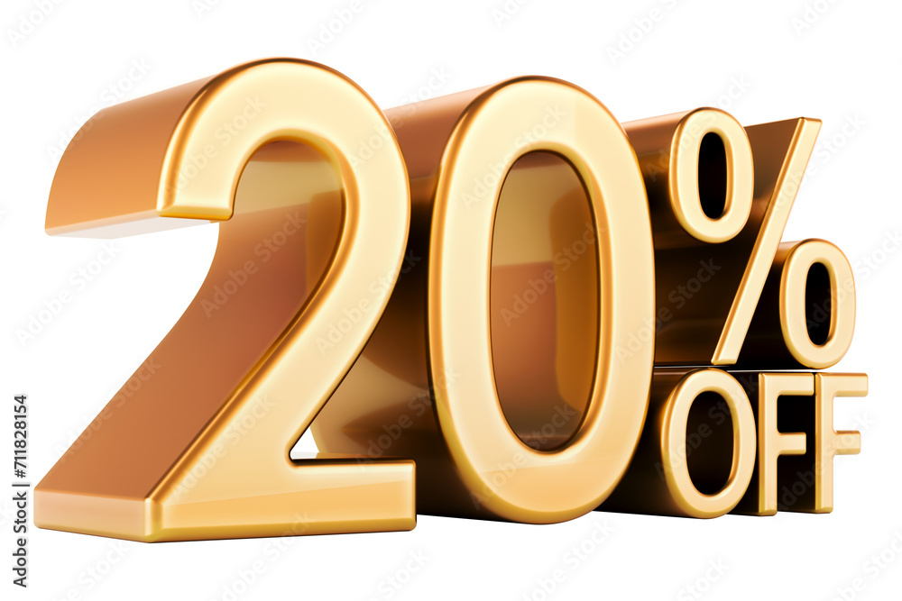20 percent discount. Golden 20 percent off, text. Discount and sale, concept. 3D rendering isolated on transparent background 20 percent discount. Golden 20 percent off, text. Discount and sale, concept. 3D rendering isolated on transparent background