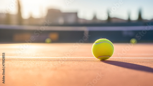 Yellow tennis ball lying on the tennis court in the sunlight flare. Victory achievement concept © olindana