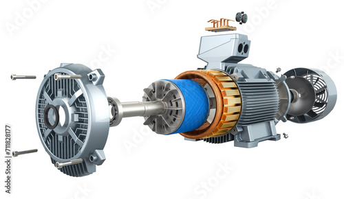 Electric motor parts and structure, 3D rendering isolated on transparent background