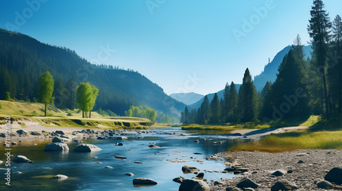 Majestic Mountain River Flows Through Lush Forests and Towering Peaks  Surrounding River Stones  Natural Panorama of Serene Wilderness.
