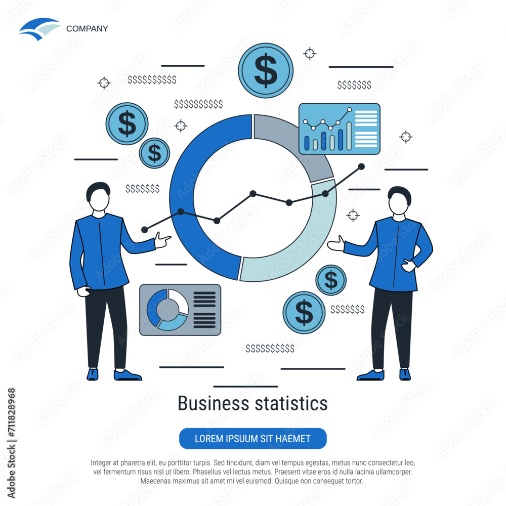 Business statistics, financial analytics, , market trends analysis flat contour style vector concept illustration