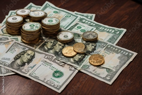 Golden coins and banknotes on a dark background. Close-up.