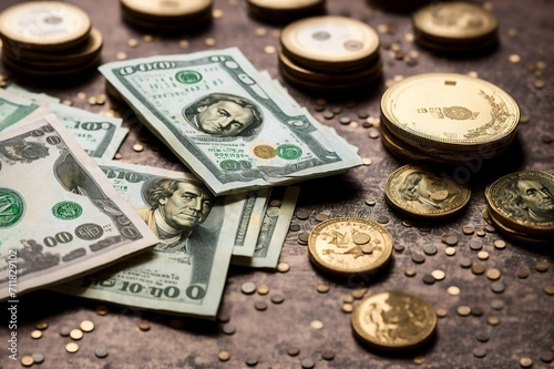 Golden coins and banknotes on a dark background. Close-up.