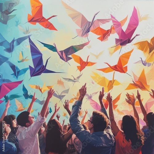Multiethnic Group of People Having Fun with Colorful origami Paper Birds. A group of diverse individuals releasing colorful paper cranes into the sky.  © Oskar Reschke