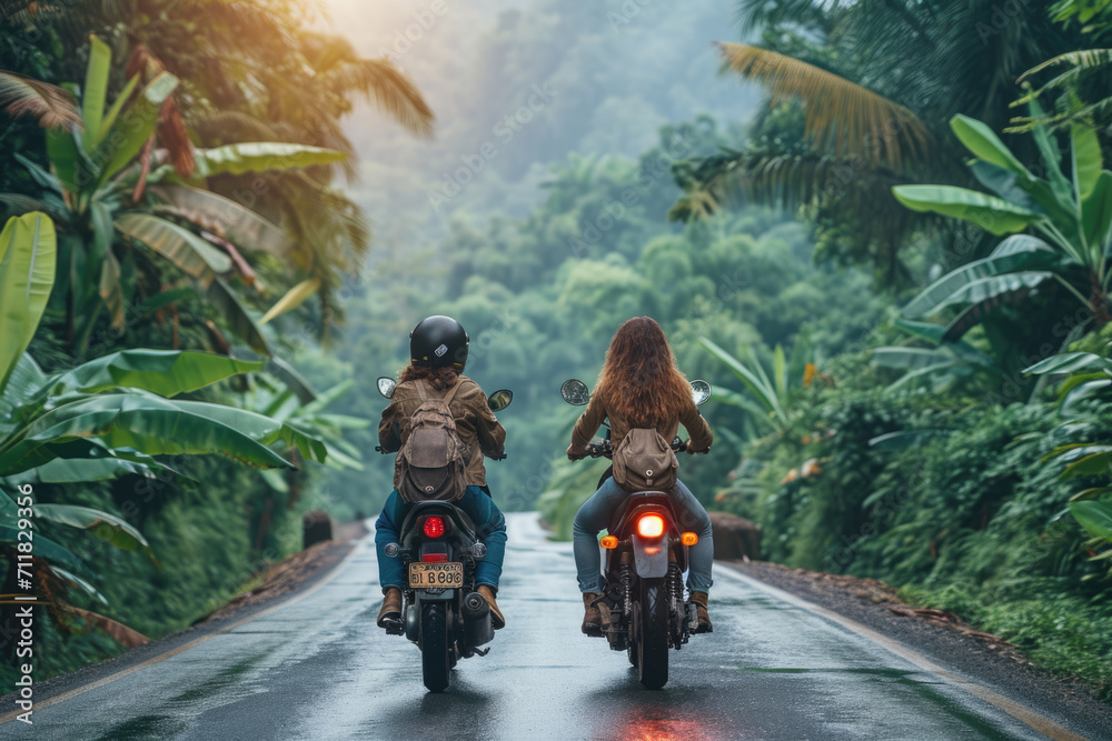 Paare fahren Motorrad in grüner tropischer Umgebung - obrazy, fototapety, plakaty 