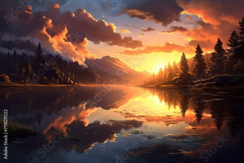 scenic sunset reflecting on tranquil lake. Generative AI