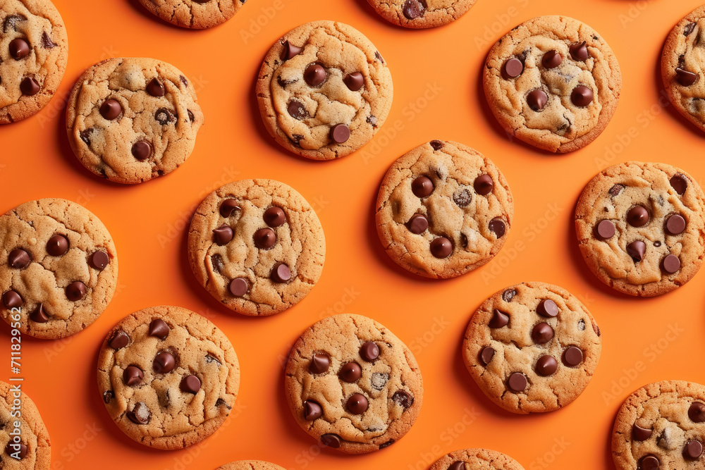 chocolate chip cookies pattern on orange background chocolate chip cookies pattern on orange background