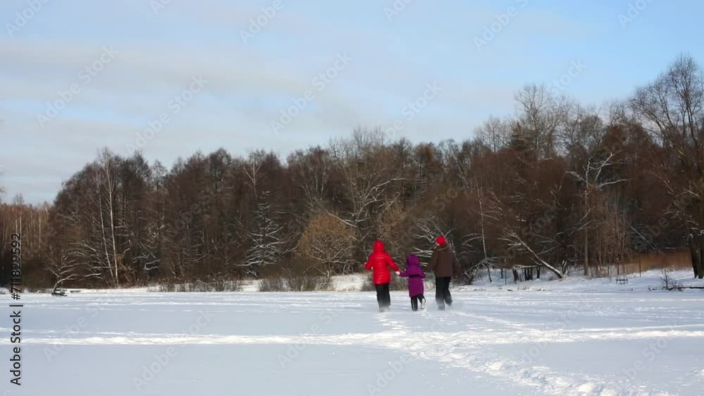 Family runs there and back holding hands across snowy glade Family runs there and back holding hands across snowy glade