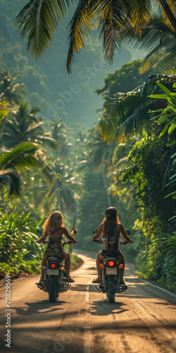 Paare fahren Motorrad in grüner tropischer Umgebung