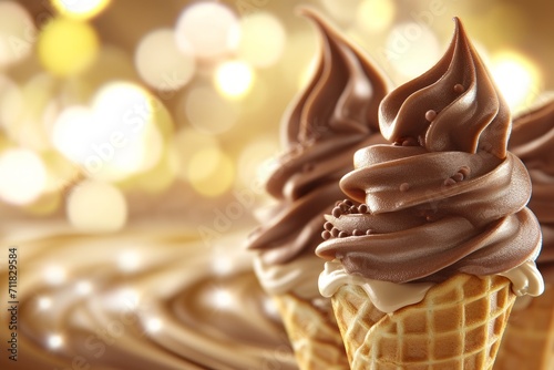 Chocolate-dipped waffle cone with creamy swirls, a luxurious and indulgent scene featuring a waffle cone dipped in rich chocolate with creamy swirls.