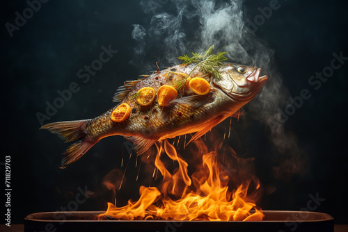 Whole sea bass or dorado fish on the grill, fire, smoke. Fish cooking concept. Generative AI.