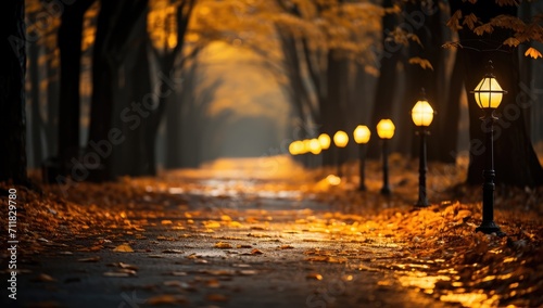 As the sun sets on a foggy autumn night, the amber streetlights illuminate the outdoor path lined with trees, providing a sense of security and guiding the way through the city