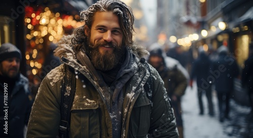 A rugged man, with a snow-covered face and a warm coat, braves the harsh winter streets of the city, his beard and mustache a testament to his strength and resilience