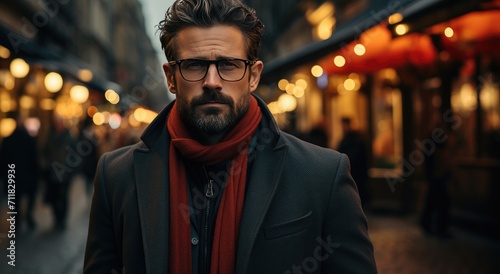 In the dark of night, a bearded man with a scarf and glasses stands stoically on the street, his jacket blending into the surrounding buildings as he gazes out into the world