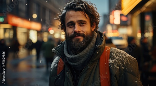 A rugged man with a snowy backpack and a thick beard walks through the bustling city streets, his facial hair and weathered clothing a testament to his journey